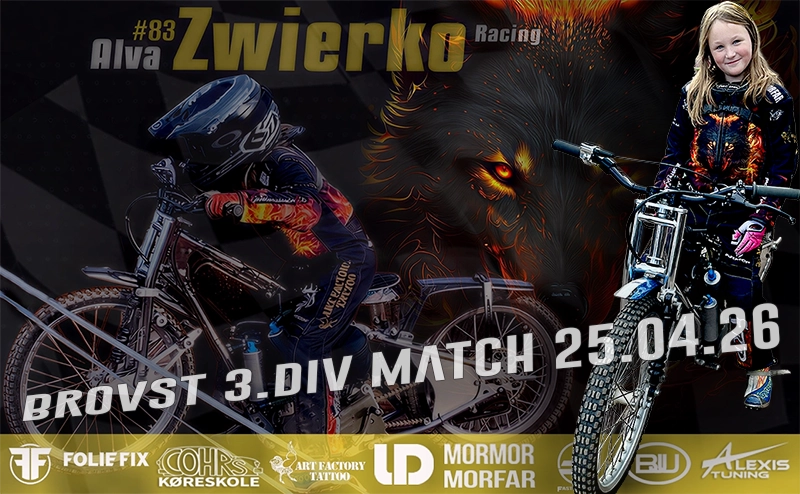 Alva kører sin første 3. divisionsmatch på 85cc i Brovst Speedway Klub den 25. april 2026. Kom og støt hende til en spændende dag på banen!